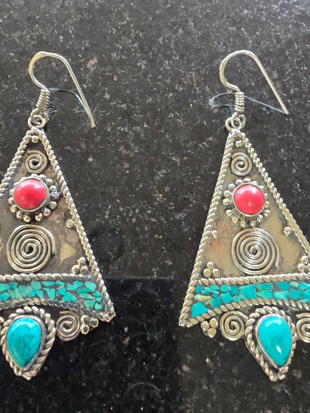 Bali / Indonesian Style Handcrafted Natural Stone Metalwork Statement Earrings